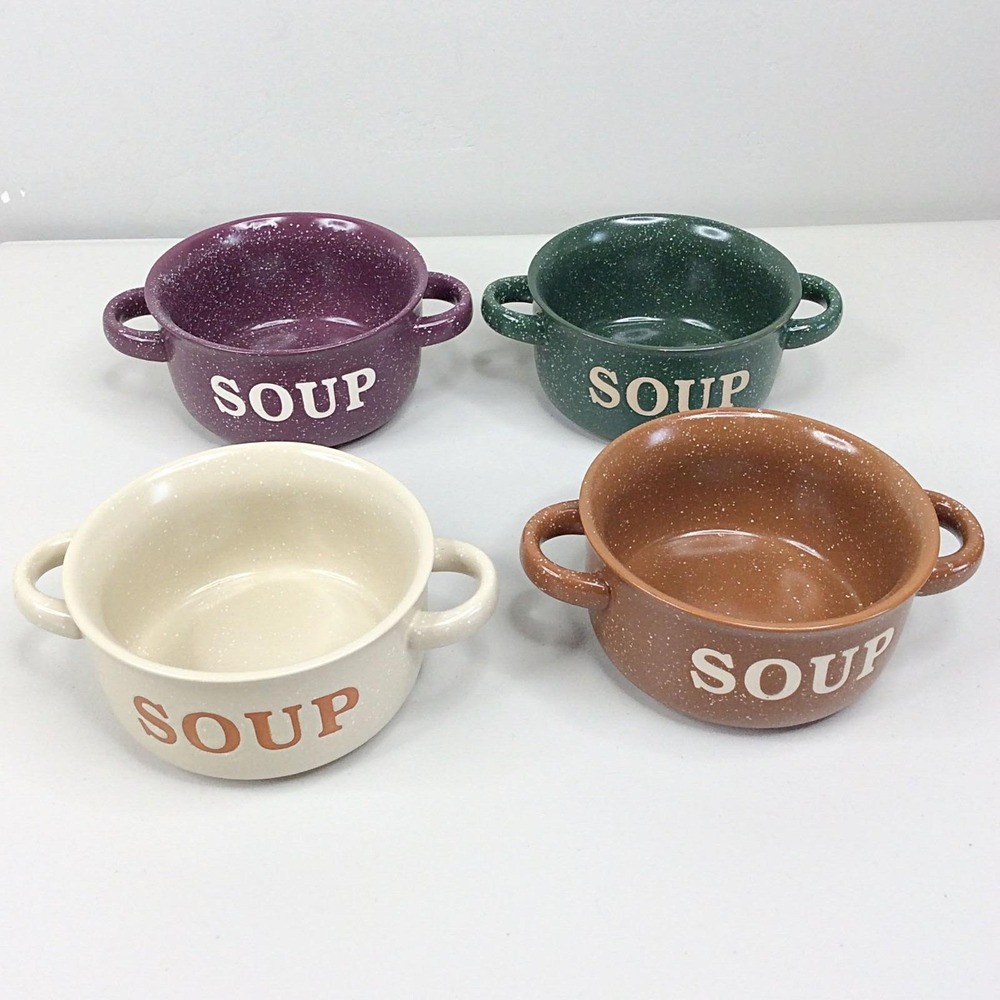 Set of 4 Walter Drake Speckled Soup Bowl Crock Country Farmhouse Handles